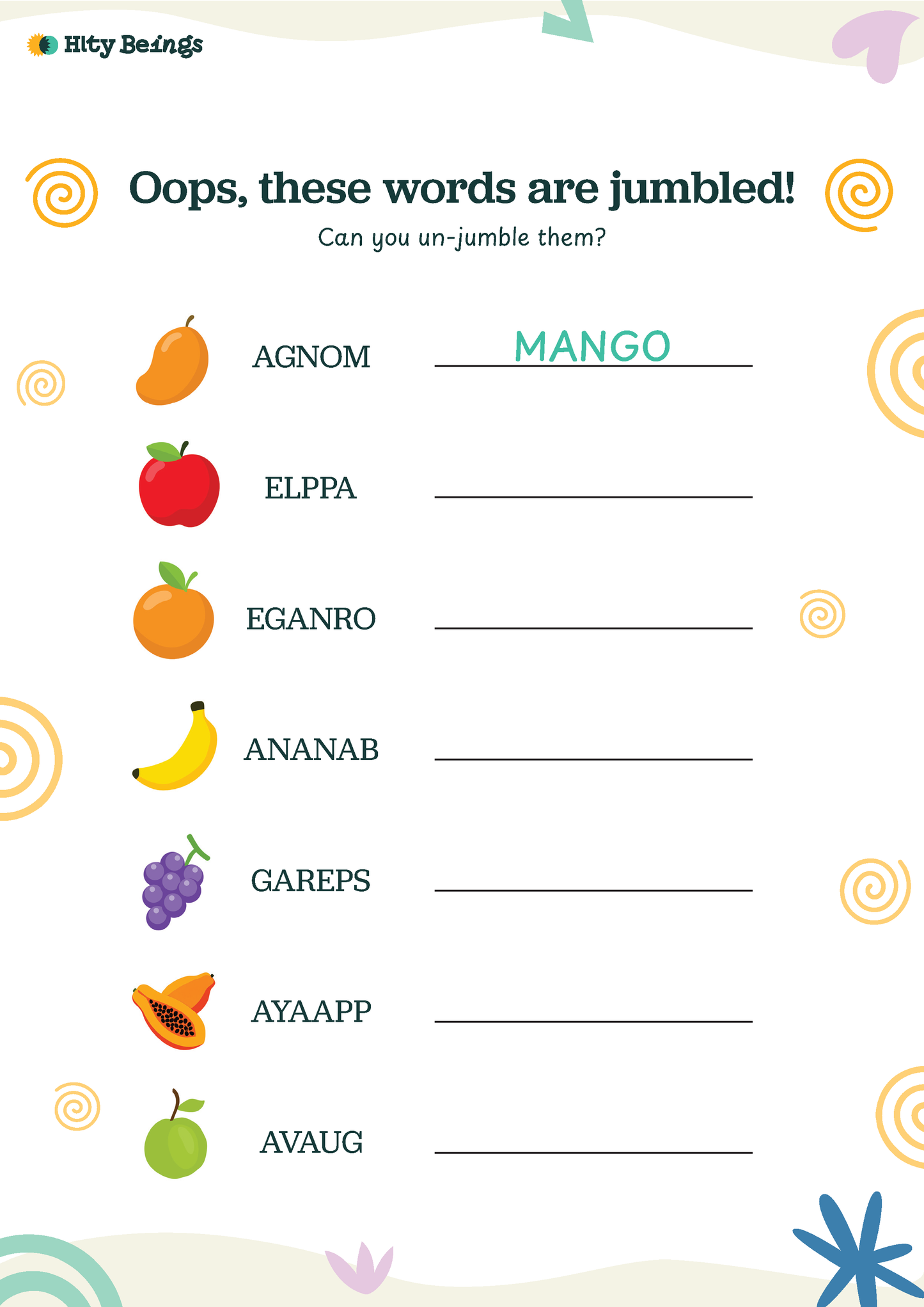 Fruit Themed Activity Sheets — Free Printable UKG (Set of 5)