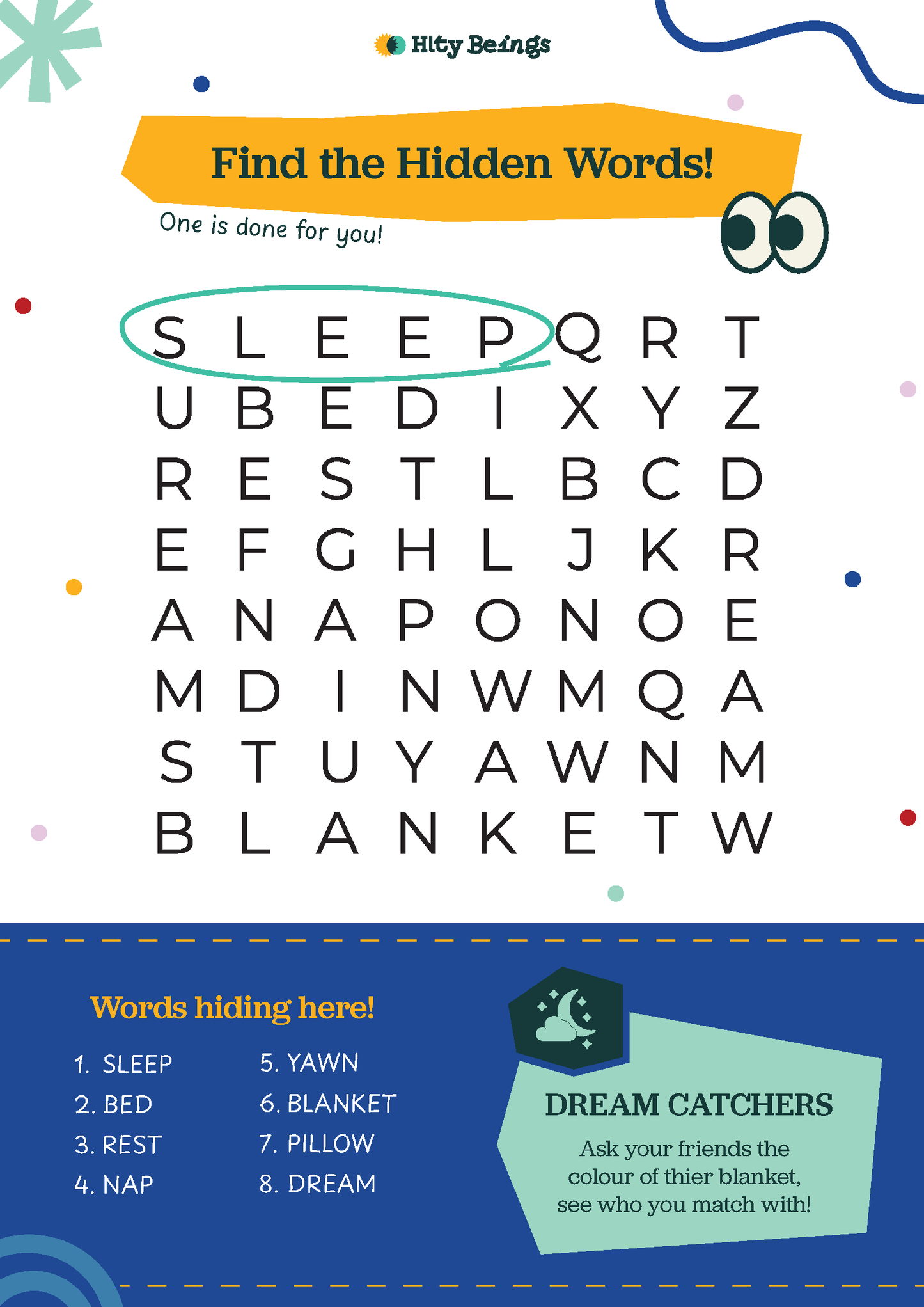 Sleep Themed Activity Sheets — Free Printable UKG (Set of 5)
